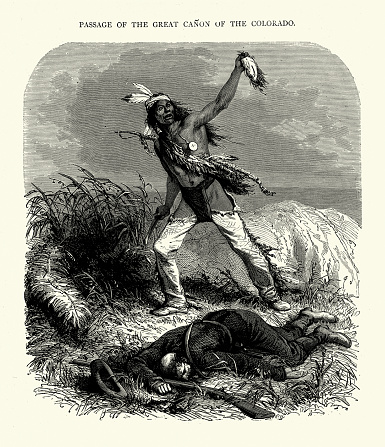 Vintage illustration Native American warrior taking a scalp after a battle, 19th Century.  Passage of the Great Canon of the Colorado by Major A R Calhoun