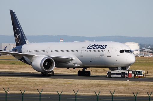 Frankfurt, Germany – June 04, 2023: Lufthansa (LH  :  DLH) at Frankfurt Airport (EDDF : FRA) with a Boeing 787-9 Dreamliner B789 (D-ABPD : 62729).