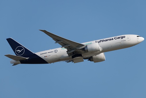 Frankfurt, Germany – June 04, 2023: Lufthansa Cargo (GEC) at Frankfurt Airport (EDDF : FRA) with a Boeing 777-F B77L (D-ALFK : 67146).
