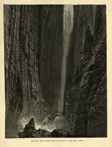 Vintage illustration Raft precipitated over a cataract in the Great Canon, 19th Century.  Passage of the Great Canon of the Colorado by Major A R Calhoun