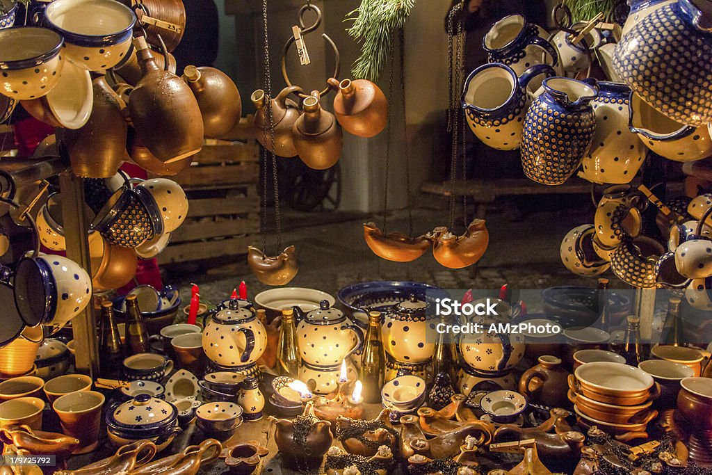 Pots and Jugs A collection of vintage pots and jugs at a stall at the medieval Christmas market in Esslingen, Germany. Esslingen Stock Photo