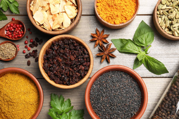 istock Flat lay composition with different spices on grey wooden table 1797260996
