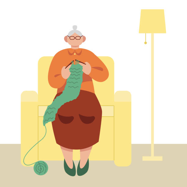 Adult woman sitting in a chair and knitting sweater. Elderly, senior human spending time at home. Older peoples activities and hobby. Flat vector illustration in green and yellow colors