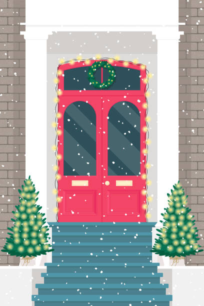 istock Christmas Front wooden door with Christmas tree and wreath and snow. Flat vector illustration 1797277185