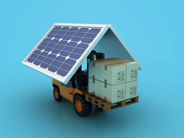 Close-up new solar panels with protective cardboard corners, ready for installation. Renewable energy technology, green living, and the implementation of solar power in residential areas.