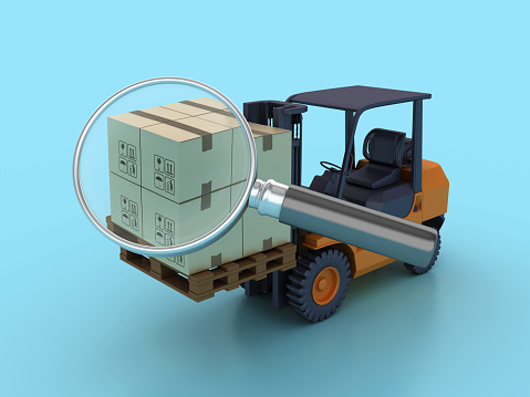 Forklift Truck with Magnifying Glass - Color Background - 3D Rendering