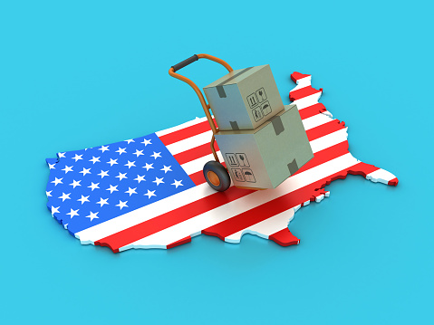 Forklift Truck with Cardboard Boxes on USA Country Flag - Color Background - 3D Rendering