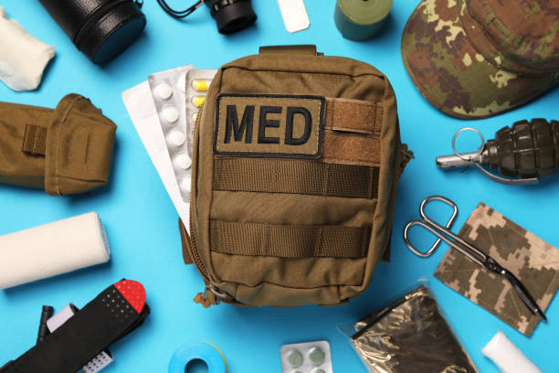 istock Military first aid kit and equipment on light blue background, flat lay 1797295479
