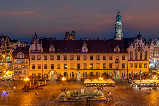Market square of Wroclaw, illuminated in evening, view from above. Poland