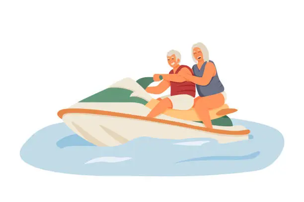 Vector illustration of Cheerful old man and female companion riding on water scooter