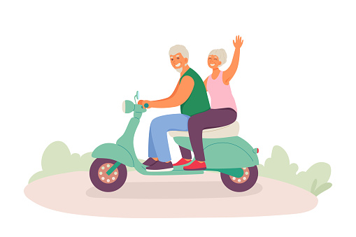 Happy couple sitting on scooter and riding. Couple spending time together outside. Senior woman and man actively involved in sports, spend time together. Vector illustration in flat design