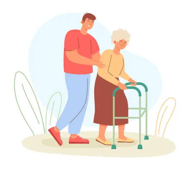 Vector illustration of Man helping old lady to walk with walker. Care of elderly people concept