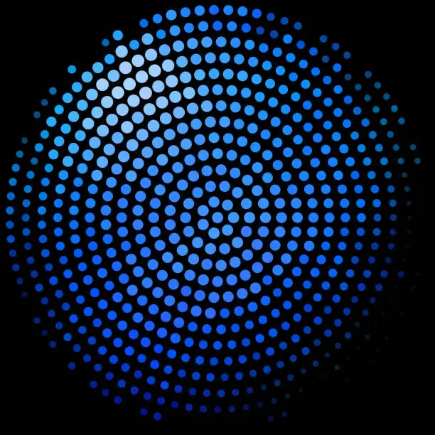 Vector illustration of Blue circle with halftone effect on black background