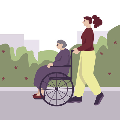Hospital worker carry senior female on wheelchair. Activities outdoors concept. Elderly human spending time at outside. Flat vector illustration in cartoon style