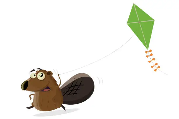 Vector illustration of funny cartoon beaver flying a kite