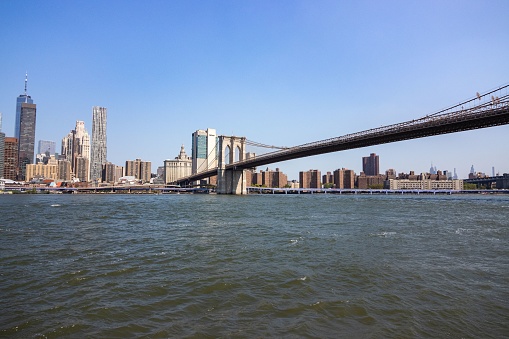 New York City, United States – July 03, 2023: A panoramic view of the New York skyline lookout point in the Brooklyn Bridge Park