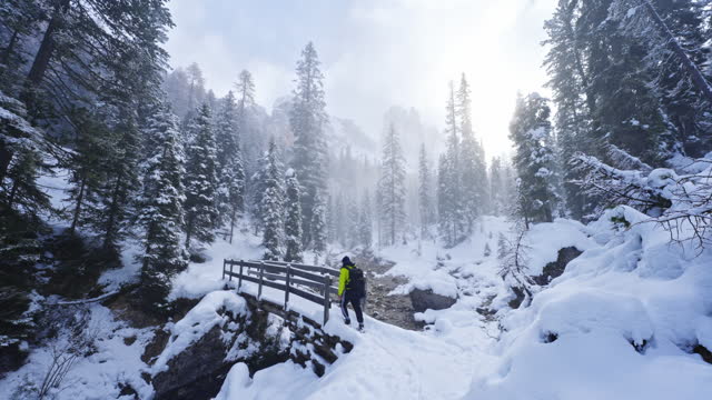 SLO MO Young Male Backpacker Crossing Bridge over River in Snow Covered Coniferous Forest in Dolomites