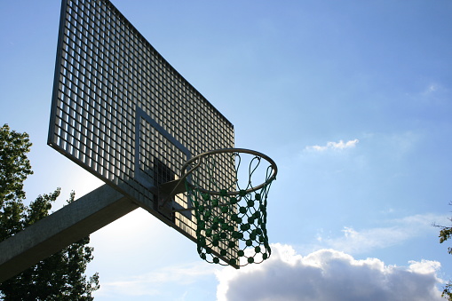A basketball game, high in outdoor park
