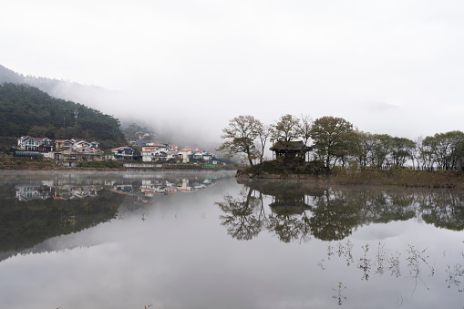 Lake with water fog (November 15, 2023, Hwansanjeong water fog at Seoseong Reservoir in Dong-myeon, Hwasun-gun, Jeollanam-do, Korea)