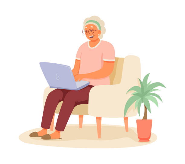 肘掛け椅子に座り、ノートパソコンを持ってタイピングをしているおばあさん。パソコンで仕事をする現代の年配の女性 - old armchair women senior adult点のイラスト素材／クリップアート素材／マンガ素材／アイコン素材