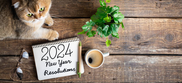 istock New year resolutions 2024 on desk. 2024 resolutions list with notebook, coffee cup, cute cat on table. Goals, resolutions, plan, cozy, hygge concept. New Year 2024 background, copy space 1797349821