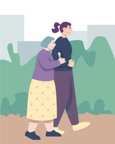 Vector illustration of Young woman going near senior lady and helping her to walk. Older peoples activities outdoors