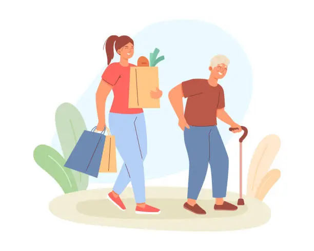 Vector illustration of Young medical worker helping to elderly human. Lady helping to carry groceries and purchases to man
