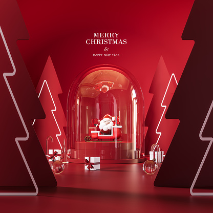 Glass dome with Santa Claus and presents. Red Christmas background with text and decoration. 3D Rendering, 3D Illustration