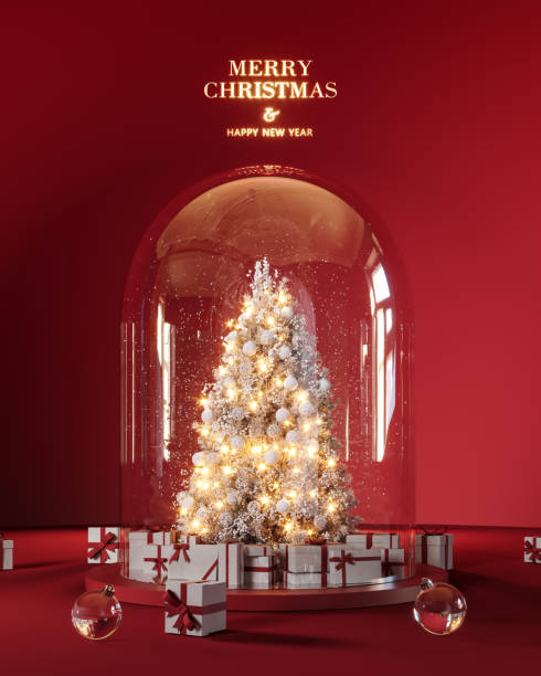 istock Glass dome with white Christmas tree and presents. Red Christmas background with text and decoration. 1797367249