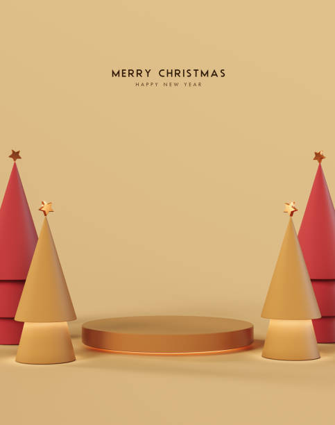istock Cute paper Christmas pine trees with empty podium for presentation on yellow background. Mockup Christmas background with text. 1797376901