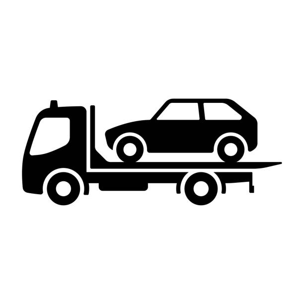 ilustrações de stock, clip art, desenhos animados e ícones de tow truck icon. black silhouette. side view. vector simple flat graphic illustration. isolated object on a white background. isolate. - tow truck heavy truck delivering