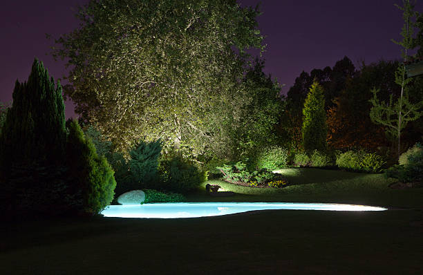 basen i ogród w nocy oświetlenie - formal garden ornamental garden lighting equipment night zdjęcia i obrazy z banku zdjęć