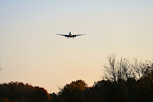 Chantilly, Virginia, USA - November 12, 2023: An Air France Boeing 777-328(ER) passenger airplane approaches Washington Dulles International Airport on short final as it completes a flight from Paris, France (CDG).