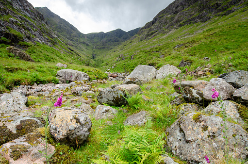 Beautiful landscape with Glencoe or Glen Coe mountains. An beautiful view over landscape in the Scottish Higlands, Scotland. UK. View of the Hidden-valley in the Scottish Highlands.