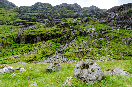 Beautiful landscape with Glencoe or Glen Coe mountains. An beautiful view over landscape in the Scottish Higlands, Scotland. UK. View of the Hidden-valley in the Scottish Highlands.