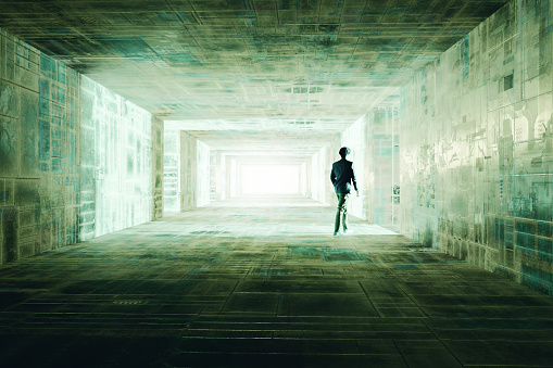 Japanese businessman walking in futuristic city corridor. 3D generated image.