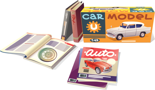 The technical magazines, the professional books and the car model are placed on a white background. This is the editable vector EPS which has a version v10.0.