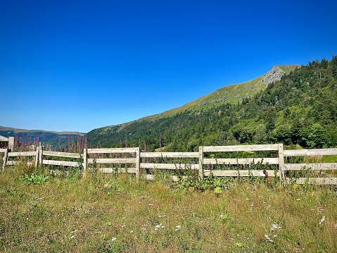 mountain landscape in summer with a view of a wooden fence in a field