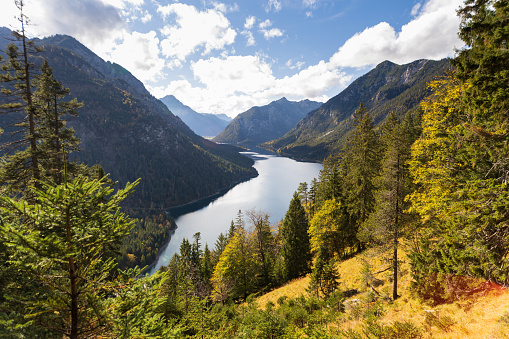 autumn landscape with forest, mountains and lake. View of Lake Plansee.