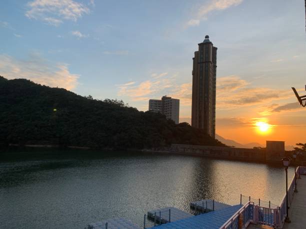 Sunset at a Skyscraper by a reservoir