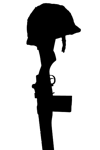 Fallen US soldier Memorial - Helmet on Rifle. Black silhouette on white background