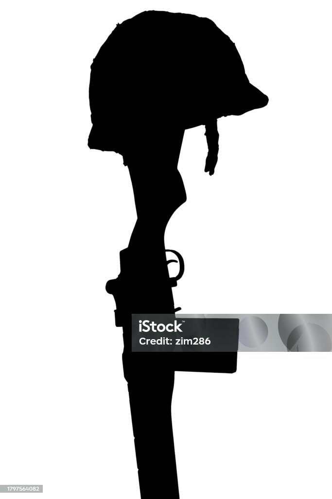 Fallen US soldier Memorial - Helmet on Rifle. Fallen US soldier Memorial - Helmet on Rifle. Black silhouette on white background American Culture Stock Photo