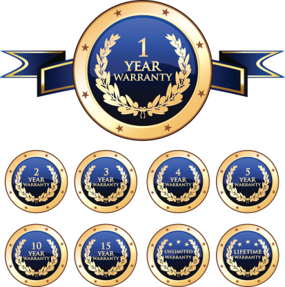 Blue and gold warranty badge set with stars and laurels. 