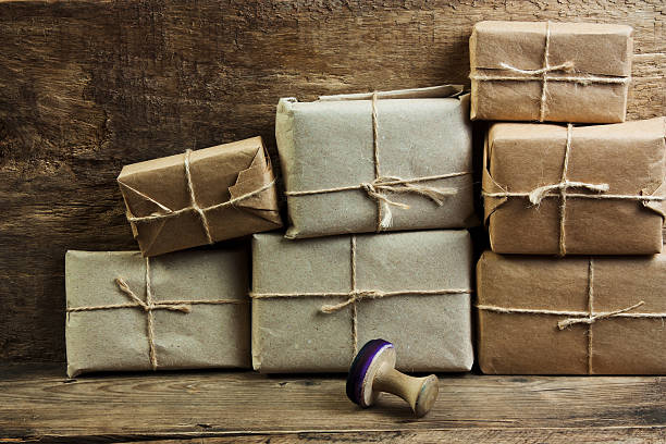 Postage on the background of an old wooden board