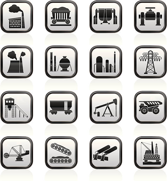 ilustraciones, imágenes clip art, dibujos animados e iconos de stock de iconos de industria pesada - mining pipeline metallurgy oil industry