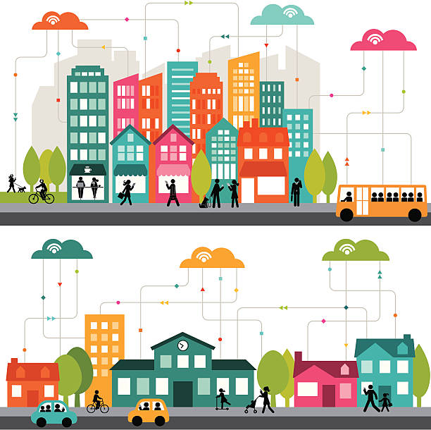 Colorful cartoon illustration of a connected city Dynamic connected city cityscape symbols stock illustrations