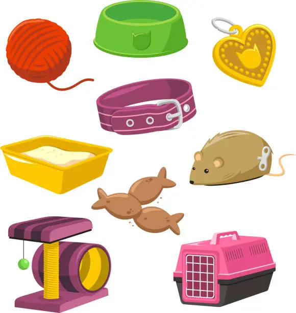 Vector illustration of Cat Stuff Toy Set Wool Feeding Bowl Mouse Play Isle