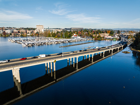 The I-520 bridge travels over Portage Bay before it connects with Interstate 5 in Seattle Washington.