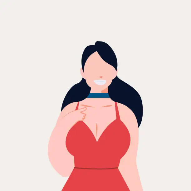 Vector illustration of Character design illustration, flat character vector, smile woman in red dress isolated on grey background