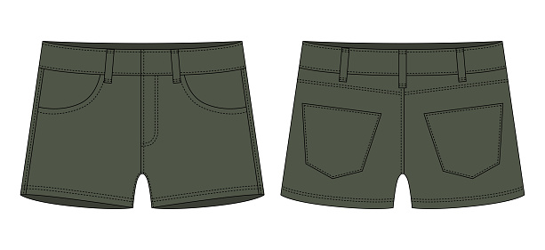 Denim short with pockets technical sketch. Khaki color. Kids jeans shorts design template. Front and back view. CAD vector illustration